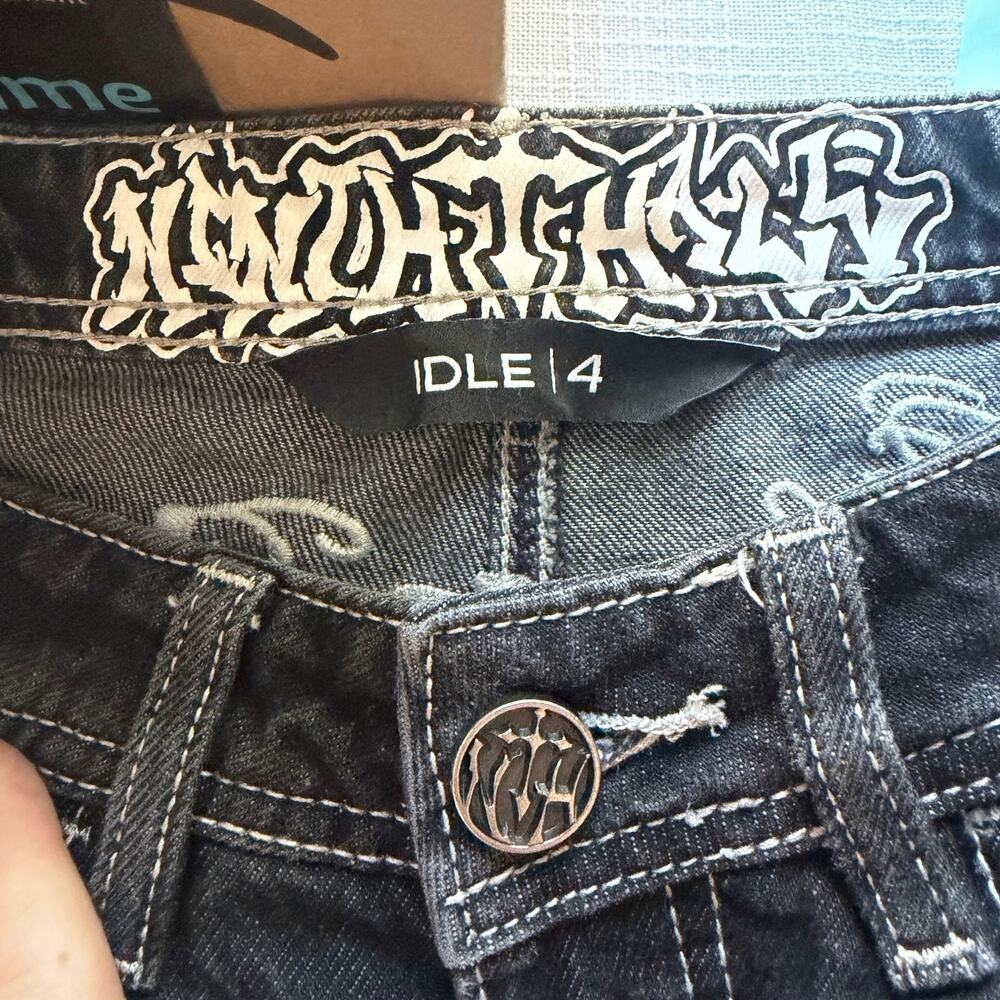 VTG Y2K Ninth Hall Idle Denim Jorts- Tattoo Embroidery Tiger Dragon Black Wms 4 - Picture 3 of 7